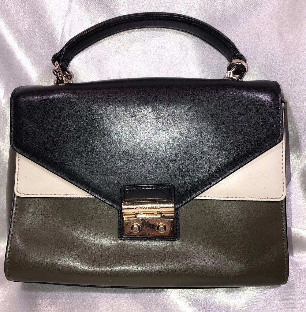 Michael Kors Sloan Purse Crossbody Tri Colored Black Green Ivory Strap Removable